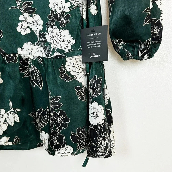 NWT LULUS Green Floral Satin Long‎ Sleeve Mini Dress So Splendid S - Picture 9 of 13